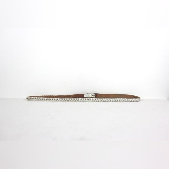 Pearlized Skinny White Silver Platinum Woven Braided Leather Belt, Narrow Silver - Picture 5 of 9